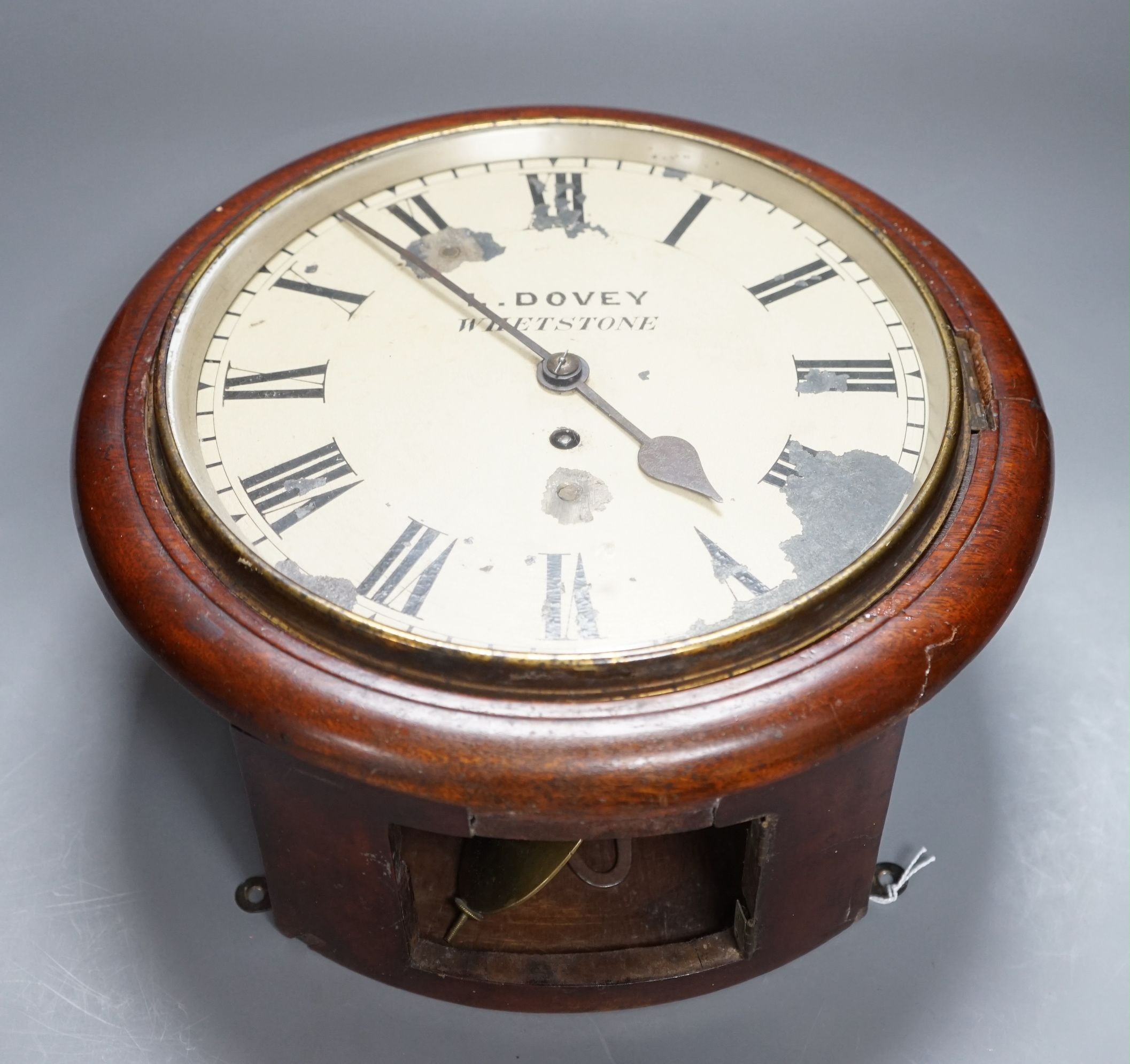 A Victorian single fusee wall timepiece, dial marked Dovey Whetstone, 32cm high